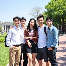 A group of four people standing together on a university campus during a bright, sunny day