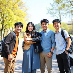 A group of four people standing together on a university campus during a bright, sunny day