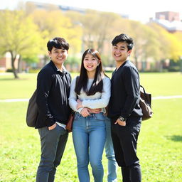 A group of four people standing together on a university campus during a bright, sunny day