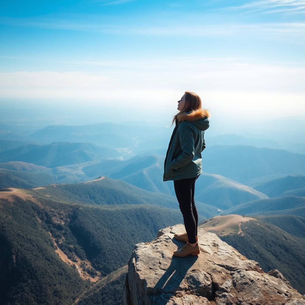 A woman standing on the edge of a cliff, gazing out into the open sky