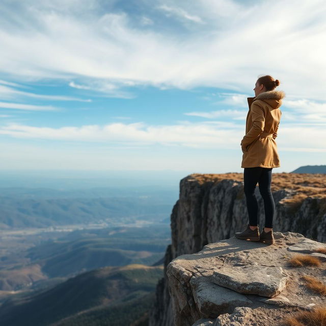 A woman standing on the edge of a cliff, gazing out into the open sky