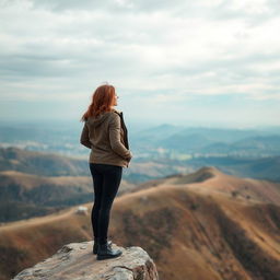 A woman standing on the edge of a cliff, gazing out into the open sky