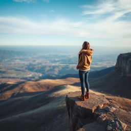 A woman standing on the edge of a cliff, gazing out into the open sky