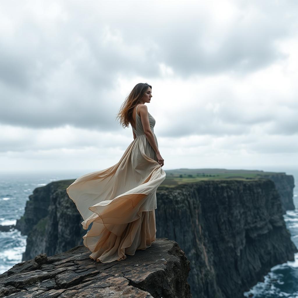 A woman standing on the edge of a vast and dramatic cliff, wearing a flowing, elegant dress that billows in the wind