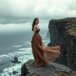 A woman standing on the edge of a vast and dramatic cliff, wearing a flowing, elegant dress that billows in the wind