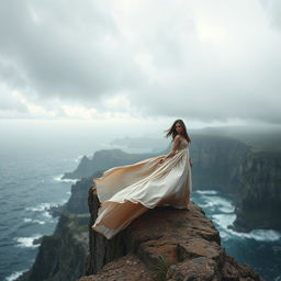 A woman standing on the edge of a vast and dramatic cliff, wearing a flowing, elegant dress that billows in the wind