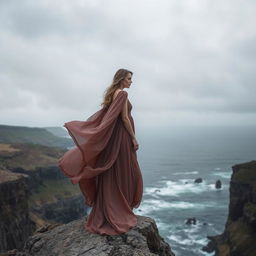 A woman standing on the edge of a vast and dramatic cliff, wearing a flowing, elegant dress that billows in the wind