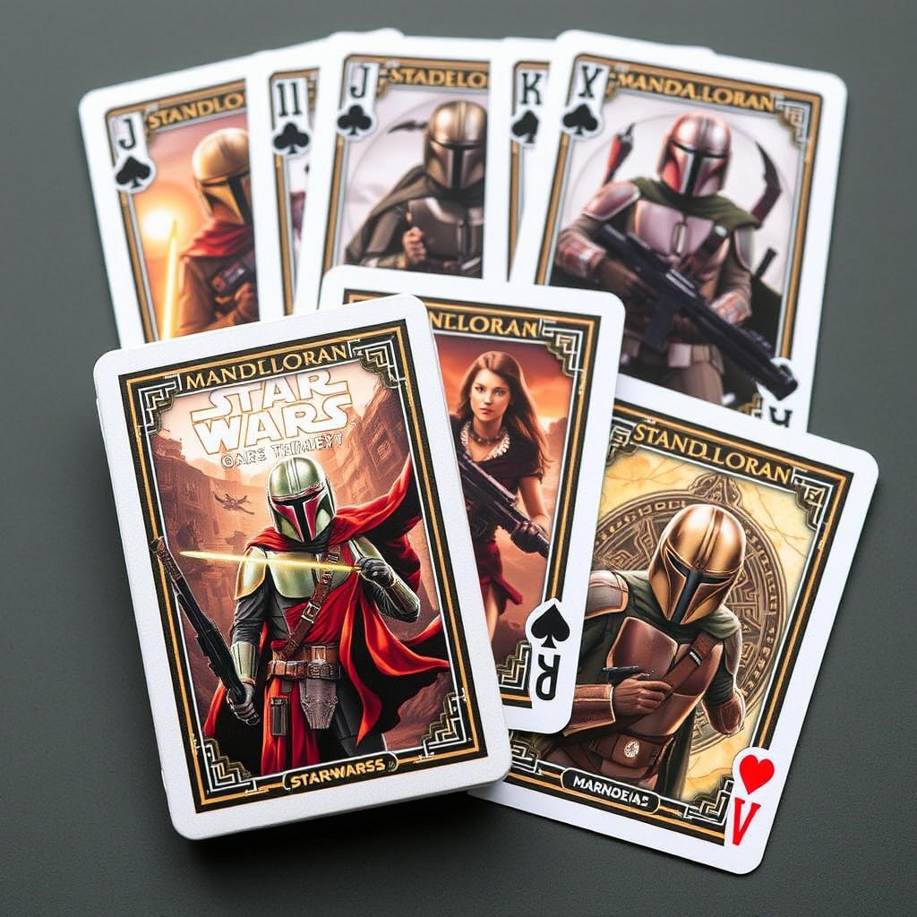 deck of playing cards featuring Mandalorian characters in a Star Wars theme, each card showcasing a unique scene or character, intricate designs with a futuristic and sci-fi aesthetic, vibrant colors and detailed illustrations, capturing the essence of the Mandalorian series