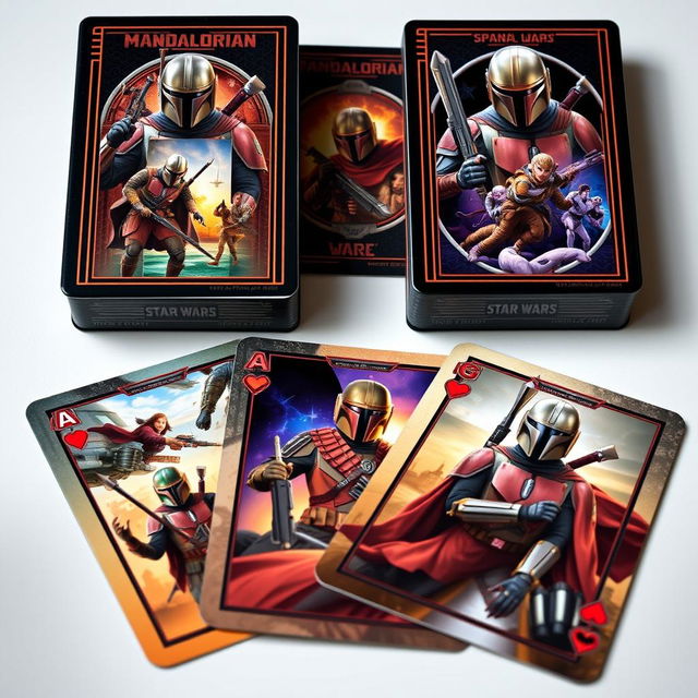 deck of playing cards featuring Mandalorian characters in a Star Wars theme, each card showcasing a unique scene or character, intricate designs with a futuristic and sci-fi aesthetic, vibrant colors and detailed illustrations, capturing the essence of the Mandalorian series