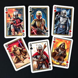 deck of playing cards featuring Mandalorian characters in a Star Wars theme, each card showcasing a unique scene or character, intricate designs with a futuristic and sci-fi aesthetic, vibrant colors and detailed illustrations, capturing the essence of the Mandalorian series