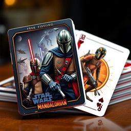 deck of playing cards featuring Mandalorian characters in a Star Wars theme, each card showcasing a unique scene or character, intricate designs with a futuristic and sci-fi aesthetic, vibrant colors and detailed illustrations, capturing the essence of the Mandalorian series