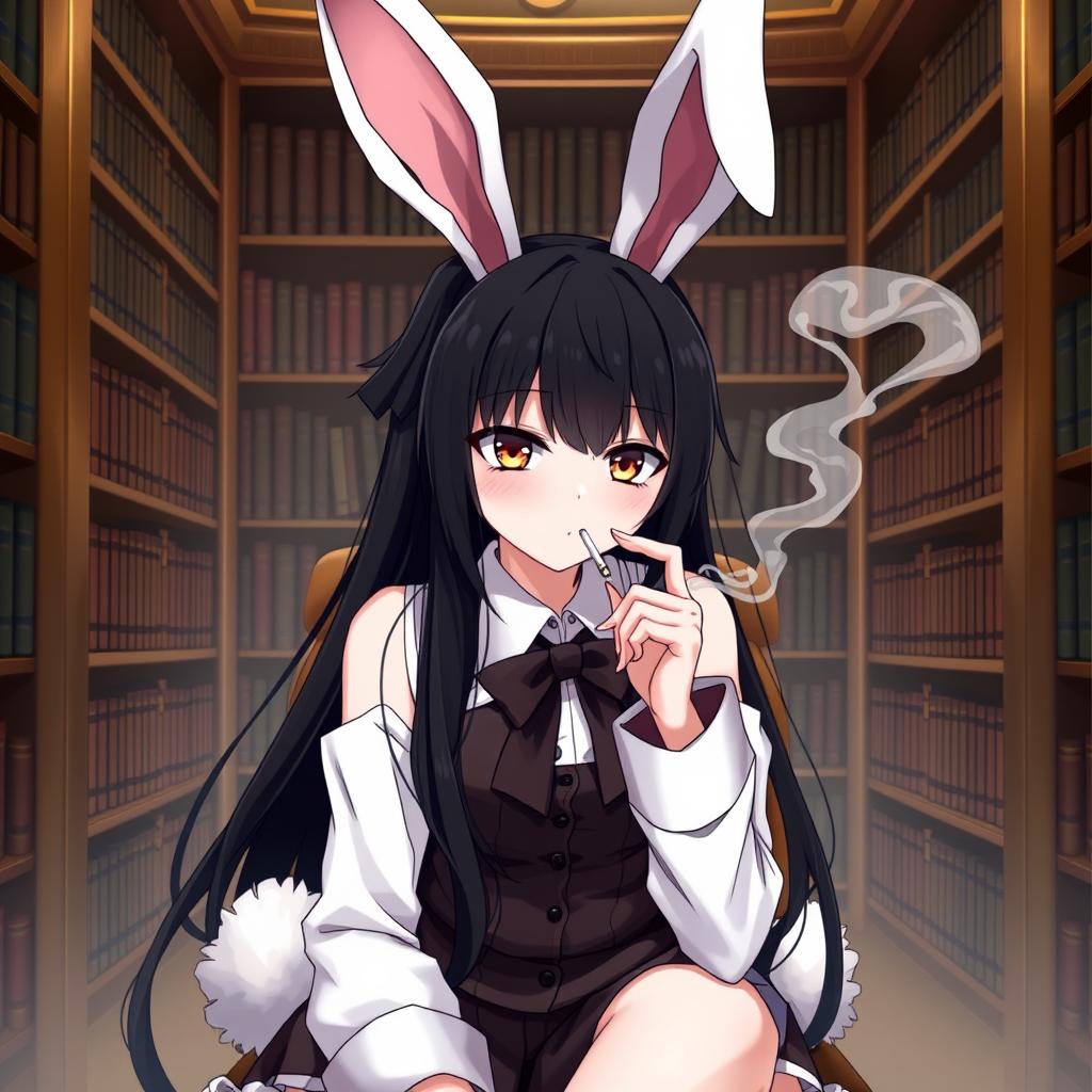 An anime girl in a bunny costume sitting in a library, smoking