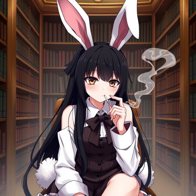 An anime girl in a bunny costume sitting in a library, smoking