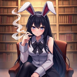 An anime girl in a bunny costume sitting in a library, smoking