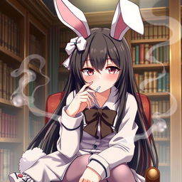 An anime girl in a bunny costume sitting in a library, smoking