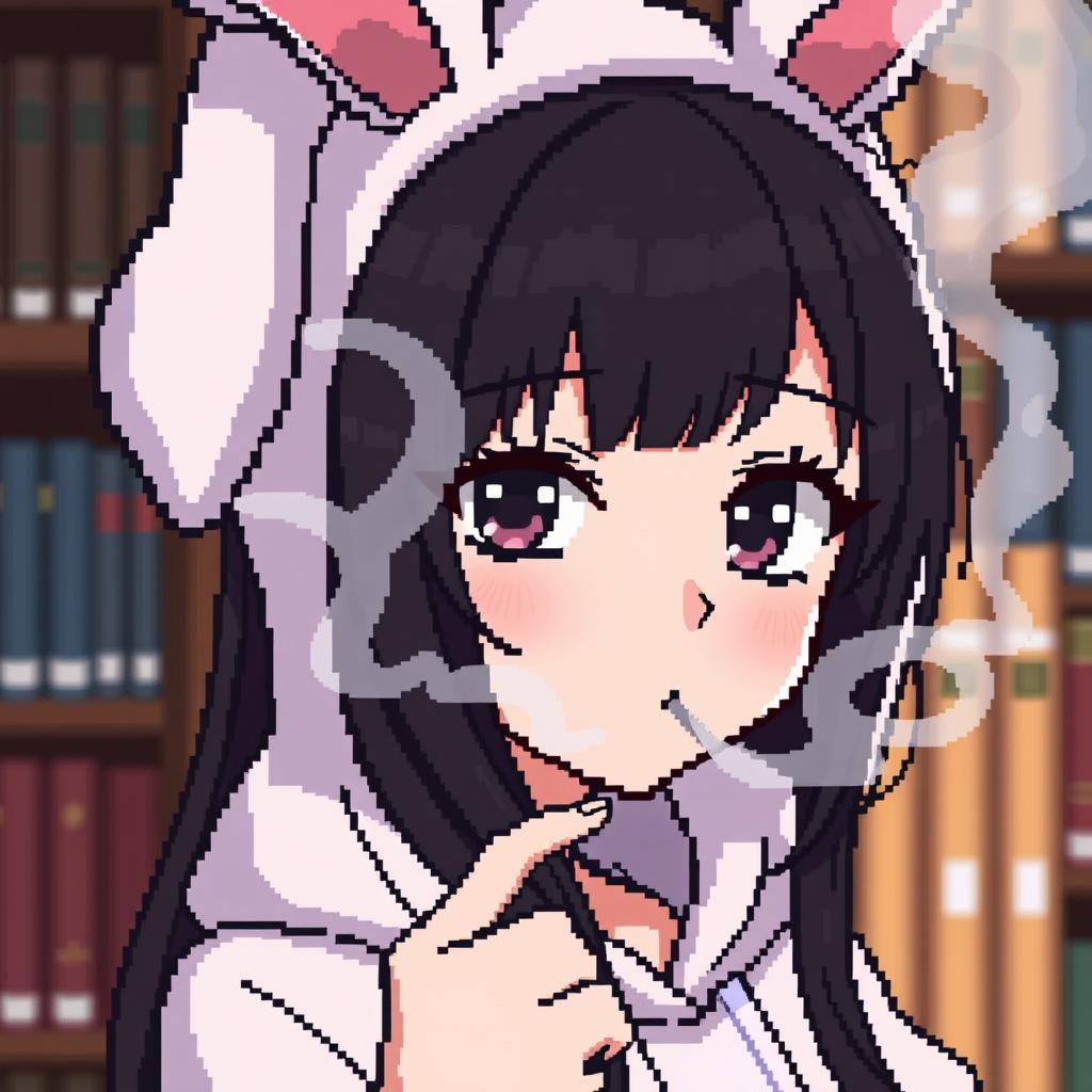 A close-up pixel art of an anime girl in a bunny costume smoking in a library