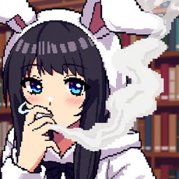 A close-up pixel art of an anime girl in a bunny costume smoking in a library