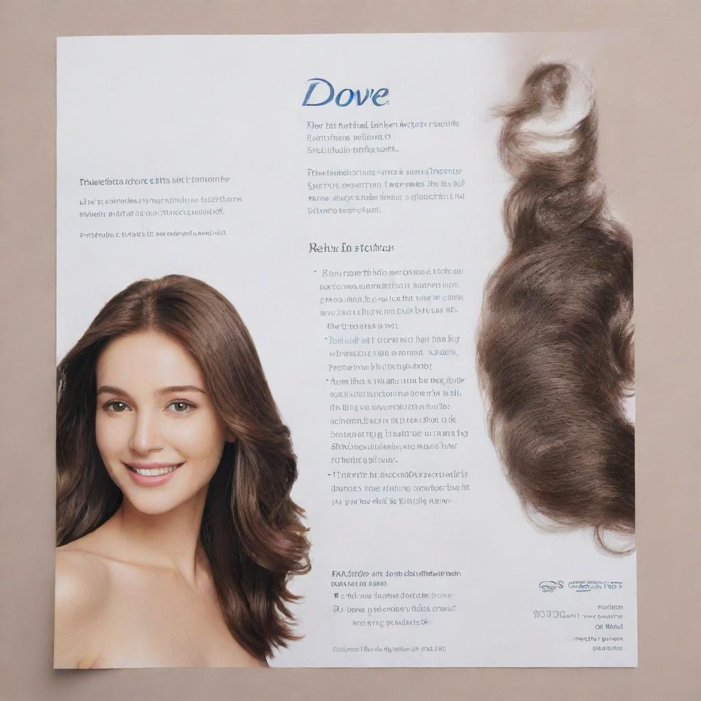 A flyer featuring lustrous hair washed with Dove shampoo at the center. On both sides, include readable, English text elaborating the beneficial chemicals used in the shampoo and vital knowledge about Dove shampoo.