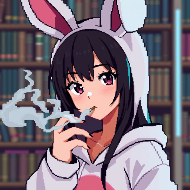 A close-up pixel art of an anime girl in a bunny costume smoking in a library