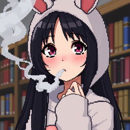 A close-up pixel art of an anime girl in a bunny costume smoking in a library