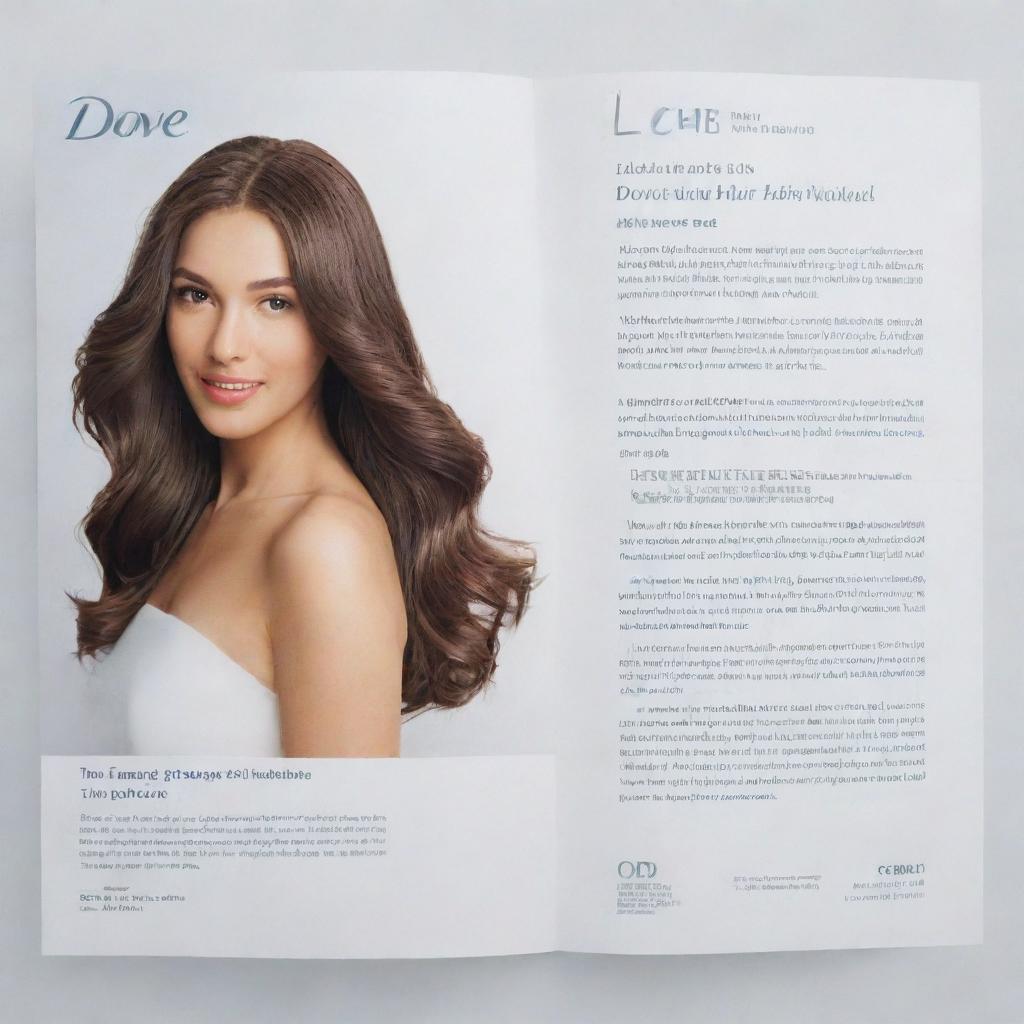 A flyer featuring lustrous hair washed with Dove shampoo at the center. On both sides, include readable, English text elaborating the beneficial chemicals used in the shampoo and vital knowledge about Dove shampoo.