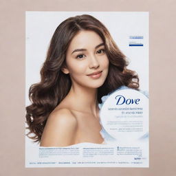 A flyer featuring lustrous hair washed with Dove shampoo at the center. On both sides, include readable, English text elaborating the beneficial chemicals used in the shampoo and vital knowledge about Dove shampoo.