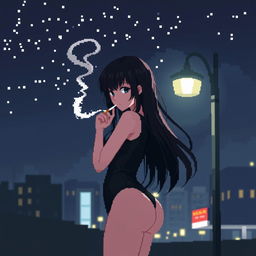 Pixel art of an anime girl in a sleek bodysuit at night, smoking a cigarette