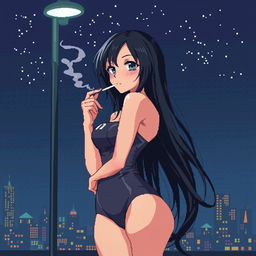 Pixel art of an anime girl in a sleek bodysuit at night, smoking a cigarette