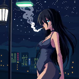 Pixel art of an anime girl in a sleek bodysuit at night, smoking a cigarette