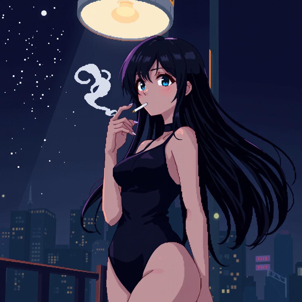 Pixel art of an anime girl in a sleek bodysuit at night, smoking a cigarette