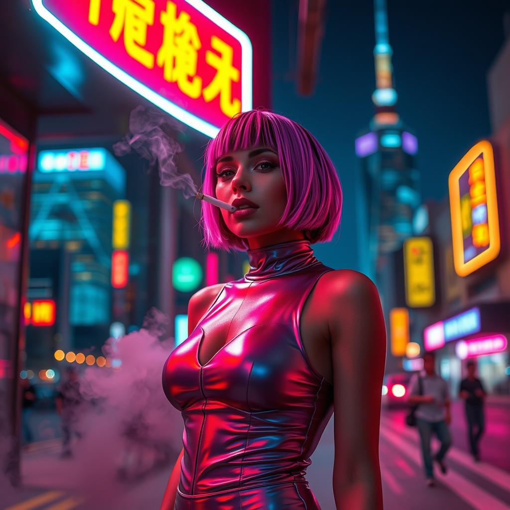 A cyberpunk street scene at night featuring a stylish woman smoking a cigarette