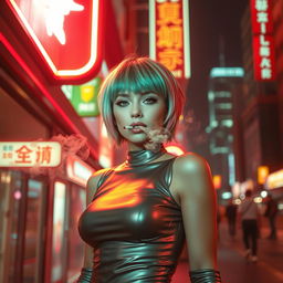 A cyberpunk street scene at night featuring a stylish woman smoking a cigarette