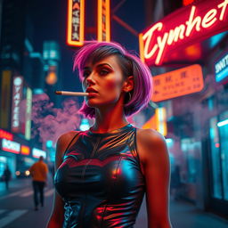 A cyberpunk street scene at night featuring a stylish woman smoking a cigarette