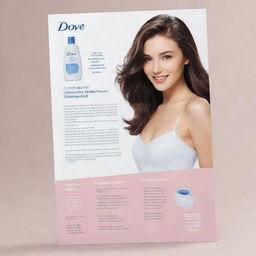 A flyer featuring lustrous hair washed with Dove shampoo at the center. On both sides, include readable, English text elaborating the beneficial chemicals used in the shampoo and vital knowledge about Dove shampoo.