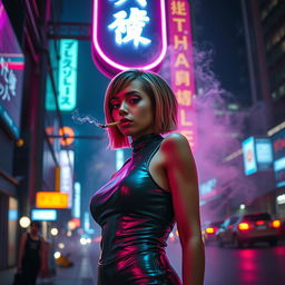 A cyberpunk street scene at night featuring a stylish woman smoking a cigarette