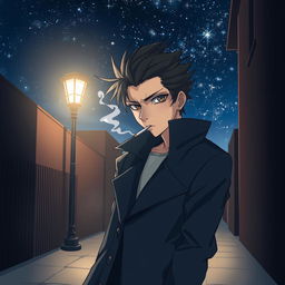 An anime-style illustration of a mysterious character smoking a cigarette at night