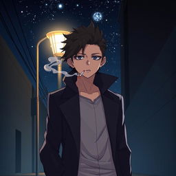 An anime-style illustration of a mysterious character smoking a cigarette at night