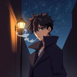 An anime-style illustration of a mysterious character smoking a cigarette at night