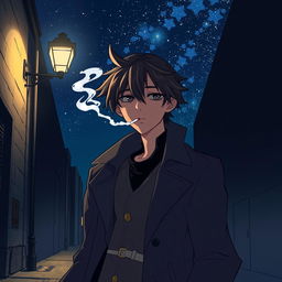 An anime-style illustration of a mysterious character smoking a cigarette at night