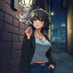 An anime-style illustration featuring a captivating woman smoking a cigarette at night