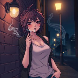 An anime-style illustration featuring a captivating woman smoking a cigarette at night