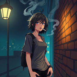 An anime-style illustration featuring a captivating woman smoking a cigarette at night