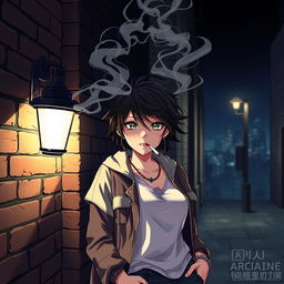 An anime-style illustration featuring a captivating woman smoking a cigarette at night