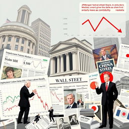 A complex financial scene featuring key elements influencing Wall Street: employment and unemployment data, symbolized by graphs and charts, alongside newspapers reporting on labor market news