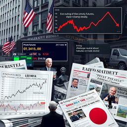 A complex financial scene featuring key elements influencing Wall Street: employment and unemployment data, symbolized by graphs and charts, alongside newspapers reporting on labor market news