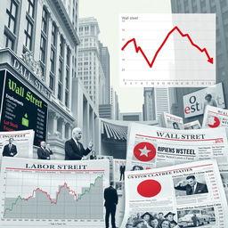 A complex financial scene featuring key elements influencing Wall Street: employment and unemployment data, symbolized by graphs and charts, alongside newspapers reporting on labor market news