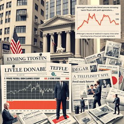 A complex financial scene featuring key elements influencing Wall Street: employment and unemployment data, symbolized by graphs and charts, alongside newspapers reporting on labor market news