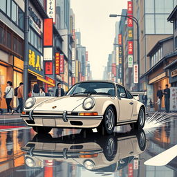 An anime-inspired Porsche 911 cruising through the rainy streets of Tokyo, blending traditional Japanese elements with modern aesthetics