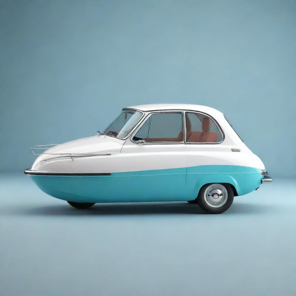 A charming and compact speed boat design that incorporates the bubbly shape, vibrant colors, and iconic logo of a Fiat 500