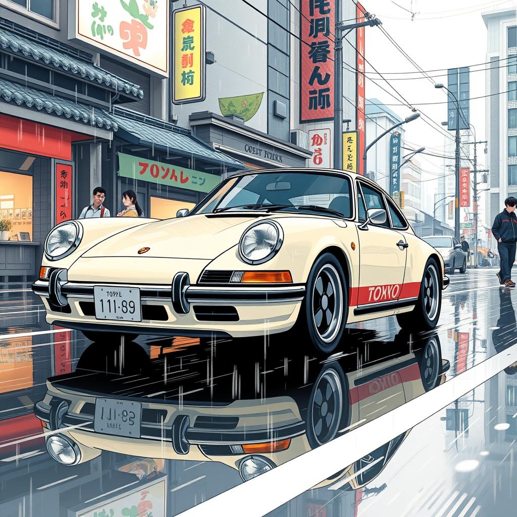 An anime-inspired Porsche 911 cruising through the rainy streets of Tokyo, blending traditional Japanese elements with modern aesthetics